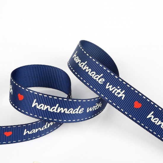 Picture of Polyester Webbing Strap Navy Blue Message " Hand Made With Love " 16mm, 1 Packet (5 Yards/Packet)