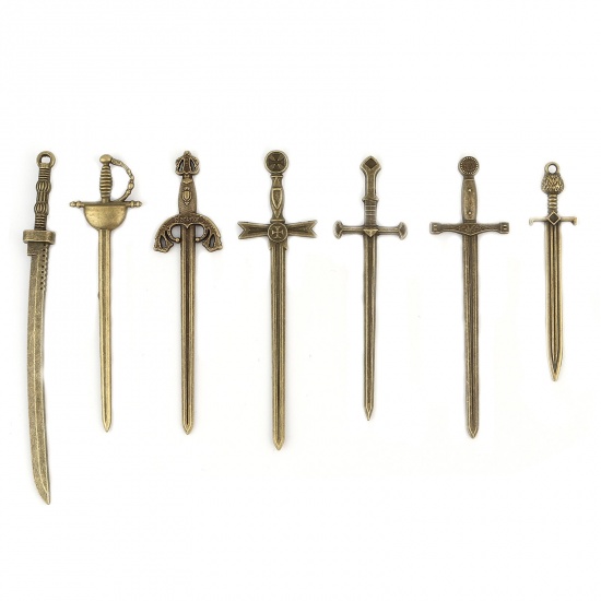 Picture of Zinc Based Alloy Pendants Sword Antique Bronze 10.7cm x 1cm - 6.7cm x 1.4cm, 1 Set ( 7 PCs/Set)