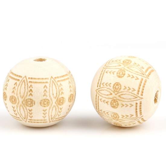 Picture of Wood Spacer Beads Round Natural Carved Pattern About 16mm Dia., Hole: Approx 4.1mm, 20 PCs