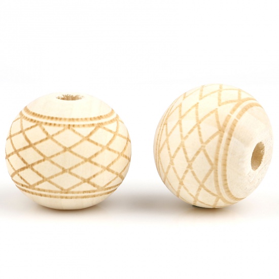 Picture of Wood Spacer Beads Round Natural Grid Checker About 16mm Dia., Hole: Approx 4.1mm, 20 PCs