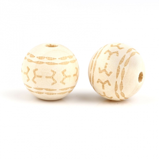 Picture of Wood Spacer Beads Round Natural Carved Pattern About 16mm Dia., Hole: Approx 4.1mm, 20 PCs