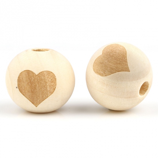 Picture of Wood Spacer Beads Round Natural Heart About 16mm Dia., Hole: Approx 4.1mm, 20 PCs