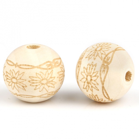 Picture of Wood Spacer Beads Round Natural Chrysanthemum Flower About 16mm Dia., Hole: Approx 4.1mm, 20 PCs
