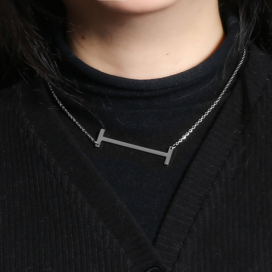 Picture of Stainless Steel Stylish Necklace Silver Tone Capital Alphabet/ Letter Message " I " 42cm(16 4/8")-41cm(16 1/8") long, 1 Piece