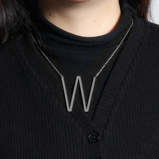 Picture of Stainless Steel Stylish Necklace Silver Tone Capital Alphabet/ Letter Message " W " 42cm(16 4/8")-41cm(16 1/8") long, 1 Piece