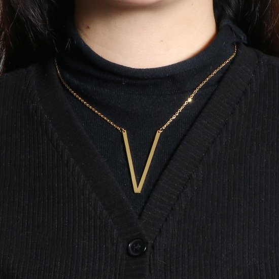 Picture of Stainless Steel Stylish Necklace 24K Gold Color Capital Alphabet/ Letter Message " V " 42cm(16 4/8")-41cm(16 1/8") long, 1 Piece