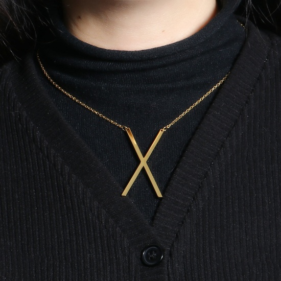 Picture of Stainless Steel Stylish Necklace 24K Gold Color Capital Alphabet/ Letter Message " X " 42cm(16 4/8")-41cm(16 1/8") long, 1 Piece