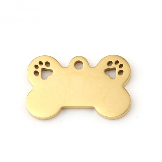 Picture of Stainless Steel Pet Memorial Blank Stamping Tags Charms Bone Paw Claw Gold Plated Double-sided Polishing 25mm x 16mm, 1 Piece