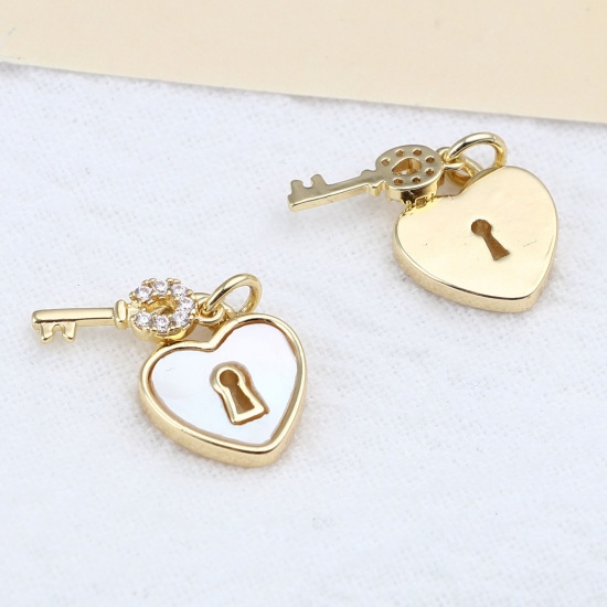 Picture of Brass Charms 18K Real Gold Plated White Heart Key Clear Rhinestone 12mm x 10mm, 1 Piece