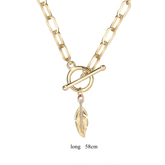 Picture of 1 Piece Eco-friendly Vacuum Plating Simple & Casual Stylish 18K Real Gold Plated Copper & Rhinestone Paperclip Chain Leaf Pendant Necklace For Women Party 58cm(22 7/8") long