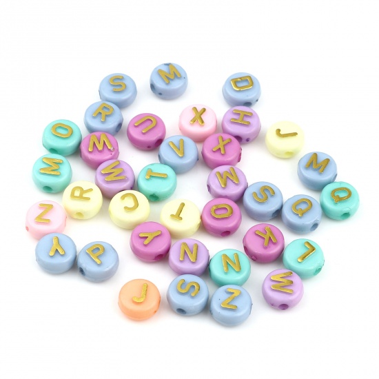 Picture of Acrylic Beads Flat Round At Random Color Initial Alphabet/ Capital Letter Pattern About 10mm Dia., Hole: Approx 2.3mm, 200 PCs