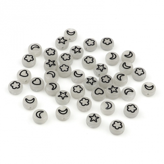 Picture of Acrylic Beads Flat Round Black At Random Pattern About 7mm Dia., Hole: Approx 1.5mm, 500 PCs