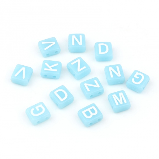 Picture of Acrylic Beads Two Holes Rectangle Blue Initial Alphabet/ Capital Letter Pattern About 8.5cm x 8cm, Hole: Approx 1.5mm, 300 PCs