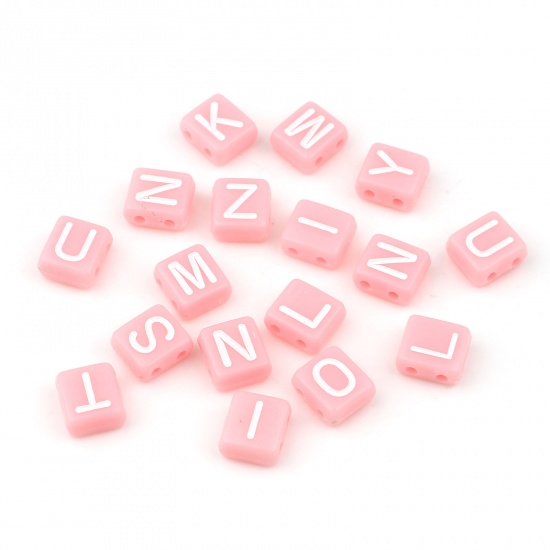 Picture of Acrylic Beads Two Holes Rectangle Pink Initial Alphabet/ Capital Letter Pattern About 8.5cm x 8cm, Hole: Approx 1.5mm, 300 PCs