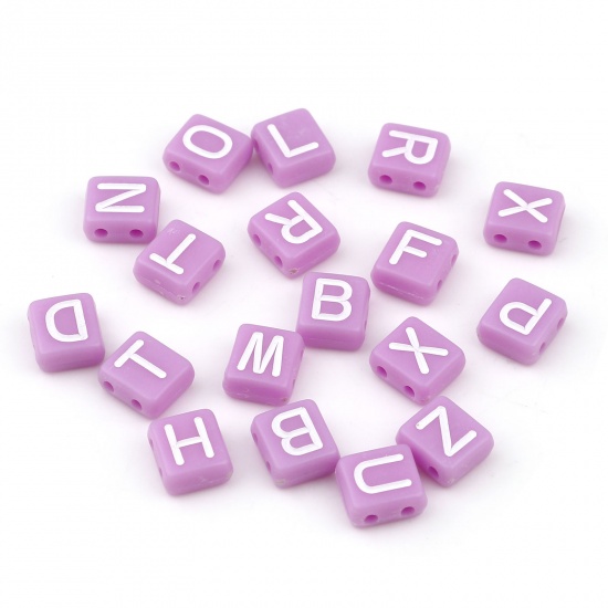 Picture of Acrylic Beads Two Holes Rectangle Purple Initial Alphabet/ Capital Letter Pattern About 8.5cm x 8cm, Hole: Approx 1.5mm, 300 PCs