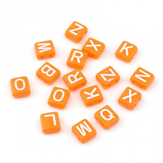 Picture of Acrylic Beads Two Holes Rectangle Orange Initial Alphabet/ Capital Letter Pattern About 8.5cm x 8cm, Hole: Approx 1.5mm, 300 PCs