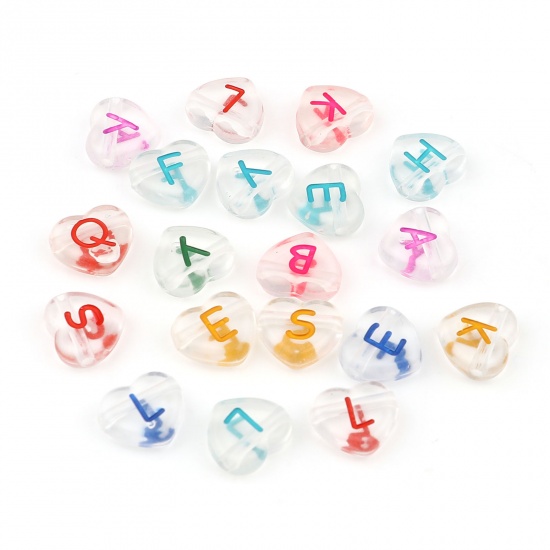 Picture of Acrylic Beads Heart At Random Color Transparent Initial Alphabet/ Capital Letter Pattern About 12mm x 11mm, Hole: Approx 1.9mm, 100 PCs