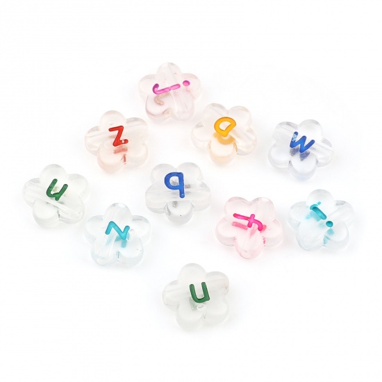 Picture of Acrylic Beads Flower At Random Color Transparent Initial Alphabet/ Capital Letter Pattern About 11mm x 11mm, Hole: Approx 1.9mm, 100 PCs