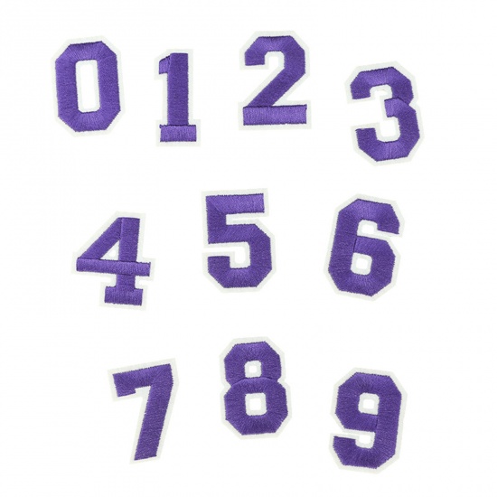 生地 アイロンのパッチ（接着剤付き） DIY スクラップブッキング クラフト 紫 数 ミックス 文字 " 0-9 " 5.1x3.7cm-4.8x3.4cm、 1 セット ( 10 個/セット) の画像
