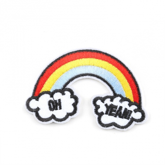 Picture of Fabric Weather Collection Iron On Patches Appliques (With Glue Back) Craft Multicolor Rainbow Message " OH YEAH " 78mm x 53mm, 5 PCs