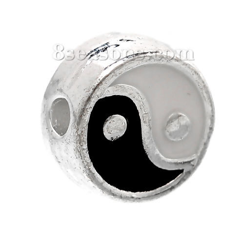 Picture of Zinc Based Alloy Spacer Beads Flat Round Silver Plated Yin Yang Symbol Black & White Enamel About 7mm Dia, Hole:Approx 1.4mm, 10 PCs