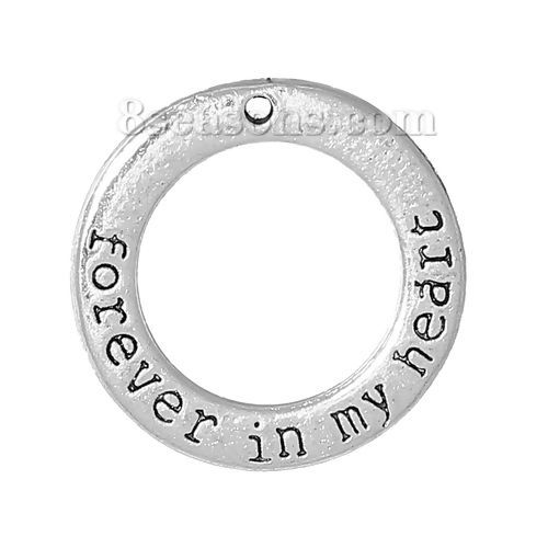 Bild von Zinklegierung Positive Zitate Energie Anhänger Antiksilber Ring Message " Forever In My Heart " 27.5mm Dia., 5 Stück
