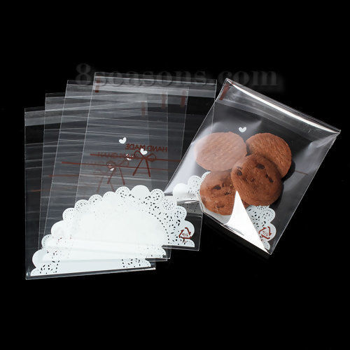 Bild von OPP Tüte Beutel Tasche für Süßigkeiten Bonbons Weiß Schleife Muster " Hand Made " Selbstklebend 13.5cm x 10cm, 1 Packung ( 100Pcs/Packung)