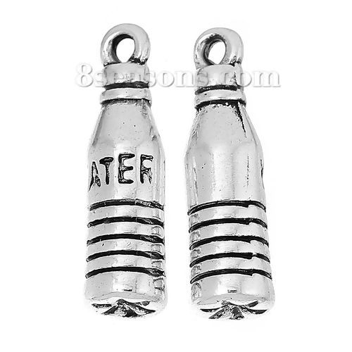 Picture of Zinc Metal Alloy 3D Charms Bottle Antique Silver Color Stripe Message " WATER " Carved 20mm( 6/8") x 6mm( 2/8"), 20 PCs