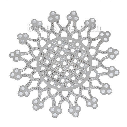 Picture of 304 Stainless Steel Filigree Stamping Embellishments Findings, Flower Silver Tone, Flower Hollow Carved 4cm(1 5/8") x 4cm(1 5/8"), 10 PCs