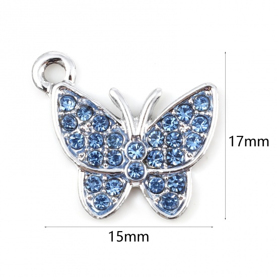 Picture of Zinc Based Alloy Insect Charms Butterfly Animal Silver Tone Micro Pave Blue Rhinestone 17mm x 15mm, 5 PCs