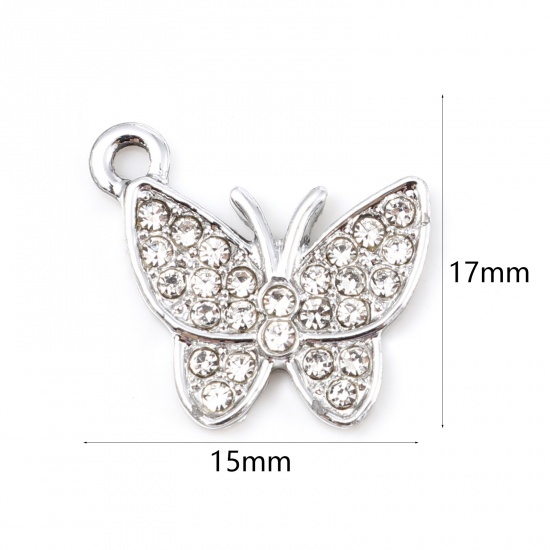 Picture of Zinc Based Alloy Insect Charms Butterfly Animal Silver Tone Micro Pave Clear Rhinestone 17mm x 15mm, 5 PCs