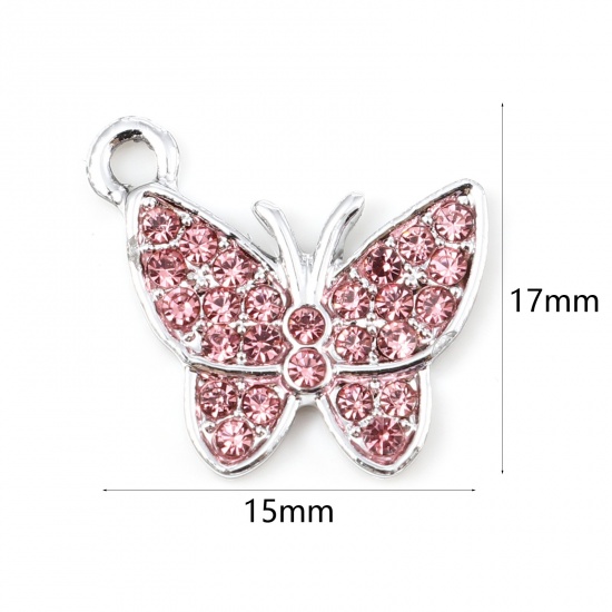 Picture of Zinc Based Alloy Insect Charms Butterfly Animal Silver Tone Micro Pave Pink Rhinestone 17mm x 15mm, 5 PCs