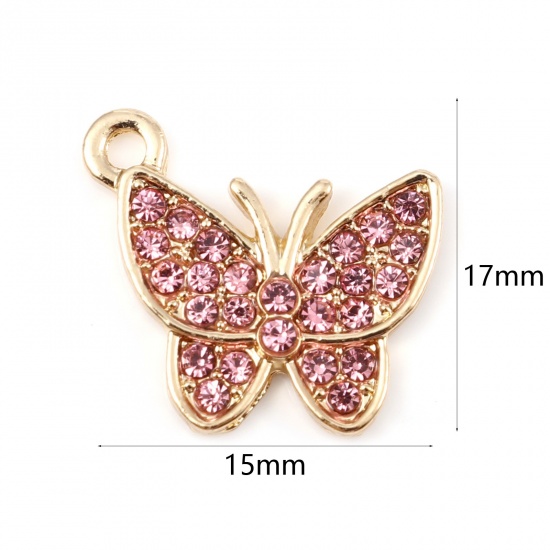 Picture of Zinc Based Alloy Insect Charms Butterfly Animal Gold Plated Micro Pave Pink Rhinestone 17mm x 15mm, 5 PCs