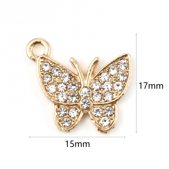 Picture of Zinc Based Alloy Insect Charms Butterfly Animal Gold Plated Micro Pave Clear Rhinestone 17mm x 15mm, 5 PCs