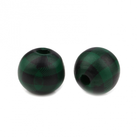Picture of Wood Spacer Beads Round Dark Green Grid Checker About 15mm Dia., Hole: Approx 4.3mm, 20 PCs