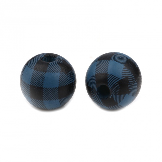 Picture of Wood Spacer Beads Round Blue Black Grid Checker About 15mm Dia., Hole: Approx 4.3mm, 20 PCs