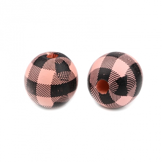 Picture of Wood Spacer Beads Round Korea Pink Grid Checker About 15mm Dia., Hole: Approx 4.3mm, 20 PCs