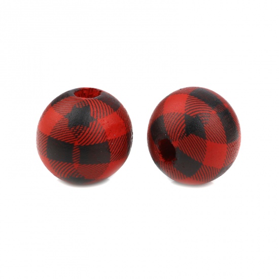 Picture of Wood Spacer Beads Round Dark Red Grid Checker About 15mm Dia., Hole: Approx 4.3mm, 20 PCs
