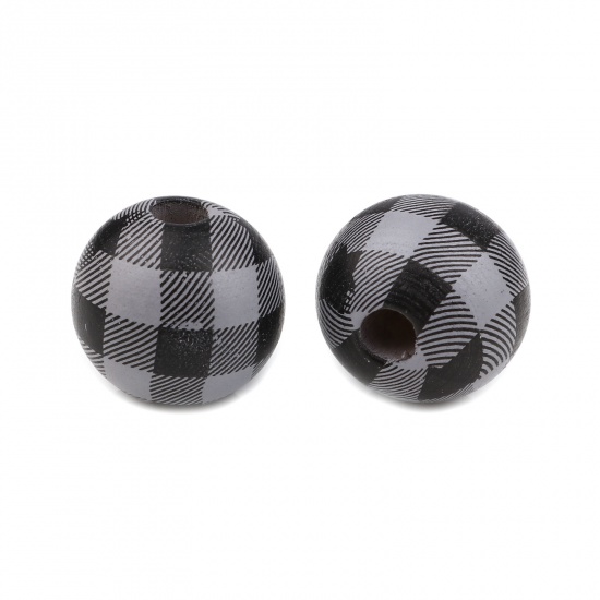 Picture of Wood Spacer Beads Round Black & Gray Grid Checker About 15mm Dia., Hole: Approx 4.3mm, 20 PCs