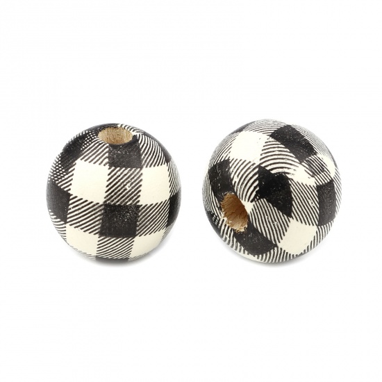 Picture of Wood Spacer Beads Round Black & Creamy-White Grid Checker About 15mm Dia., Hole: Approx 4.3mm, 20 PCs