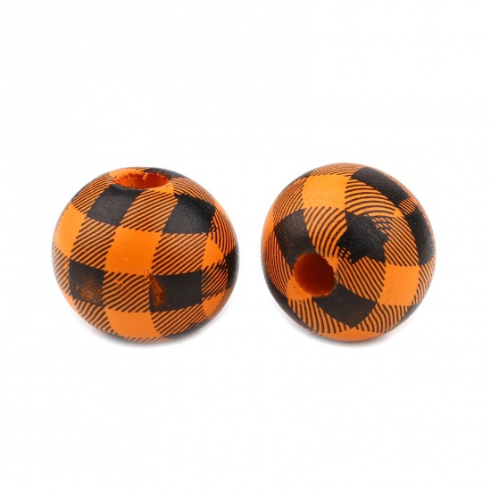 Picture of Wood Spacer Beads Round Black & Orange Grid Checker About 15mm Dia., Hole: Approx 4.3mm, 20 PCs
