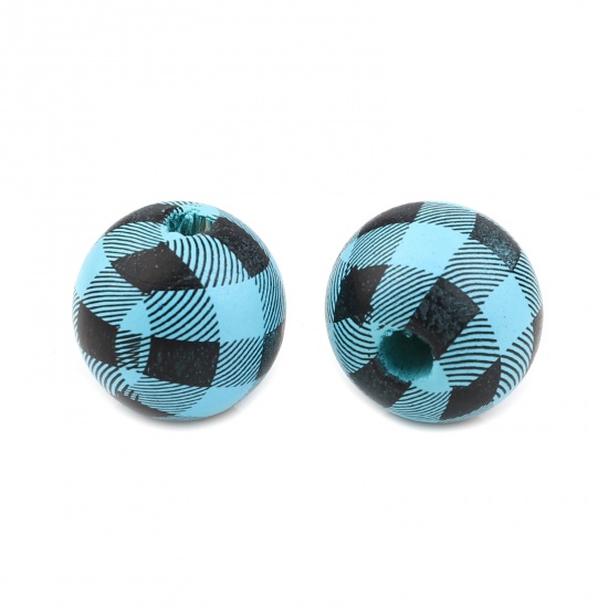 Picture of Wood Spacer Beads Round Light Blue Grid Checker About 15mm Dia., Hole: Approx 4.3mm, 20 PCs