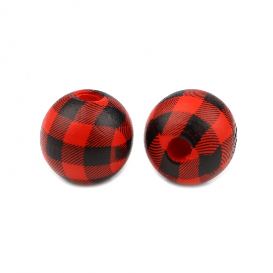 Picture of Wood Spacer Beads Round Black & Red Grid Checker About 15mm Dia., Hole: Approx 4.3mm, 20 PCs