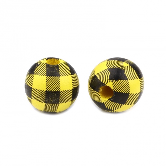 Picture of Wood Spacer Beads Round Black & Yellow Grid Checker About 15mm Dia., Hole: Approx 4.3mm, 20 PCs