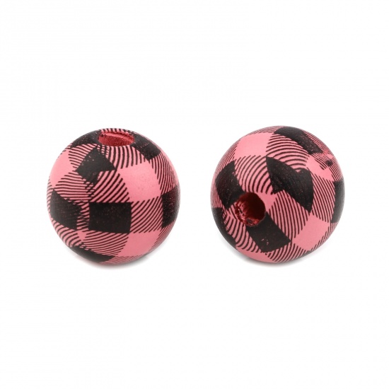 Picture of Wood Spacer Beads Round Black & Pink Grid Checker About 15mm Dia., Hole: Approx 4.3mm, 20 PCs