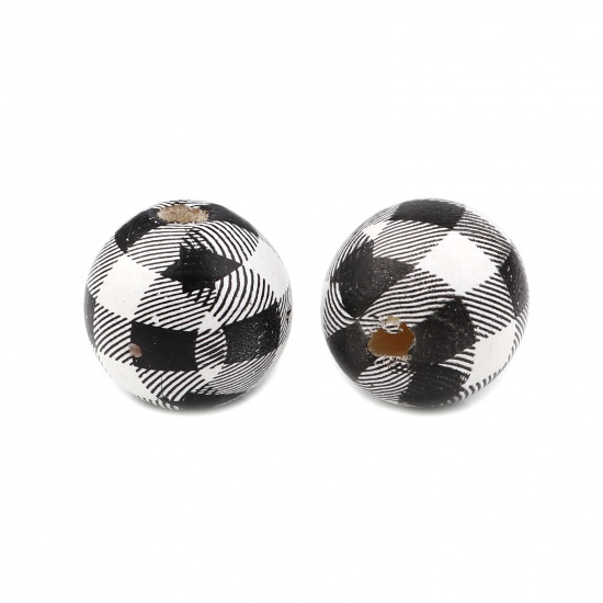 Picture of Wood Spacer Beads Round Black & White Grid Checker About 15mm Dia., Hole: Approx 4.3mm, 20 PCs