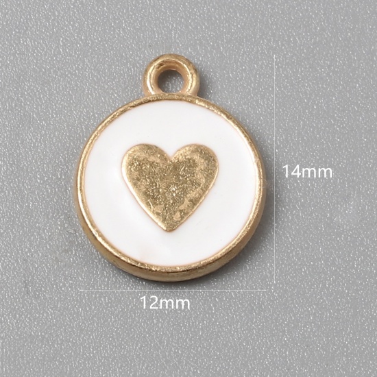 Immagine di Lega di Zinco Charms Tondo Oro Placcato Bianco Cuore Smalto 14mm x 12mm , 10 Pz