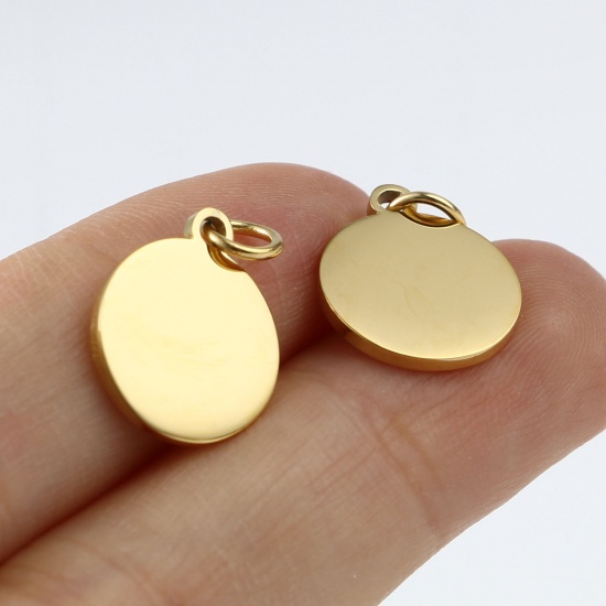 Picture of 2 PCs Stainless Steel Blank Stamping Tags Charms Round Gold Plated Double-sided Polishing 18mm x 12mm