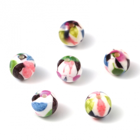 Picture of Acrylic Beads Round Multicolor Leaf Pattern About 10mm Dia., Hole: Approx 2.1mm, 20 PCs