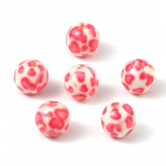 Picture of Acrylic Beads Round Pink Spot Pattern About 10mm Dia., Hole: Approx 2.1mm, 20 PCs